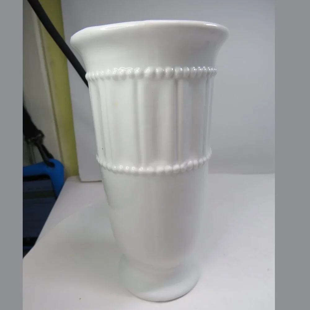 White Ceramic Vase with Pink Silk Faux Flowers Vase BEADED & RIBBED, Faired Base
